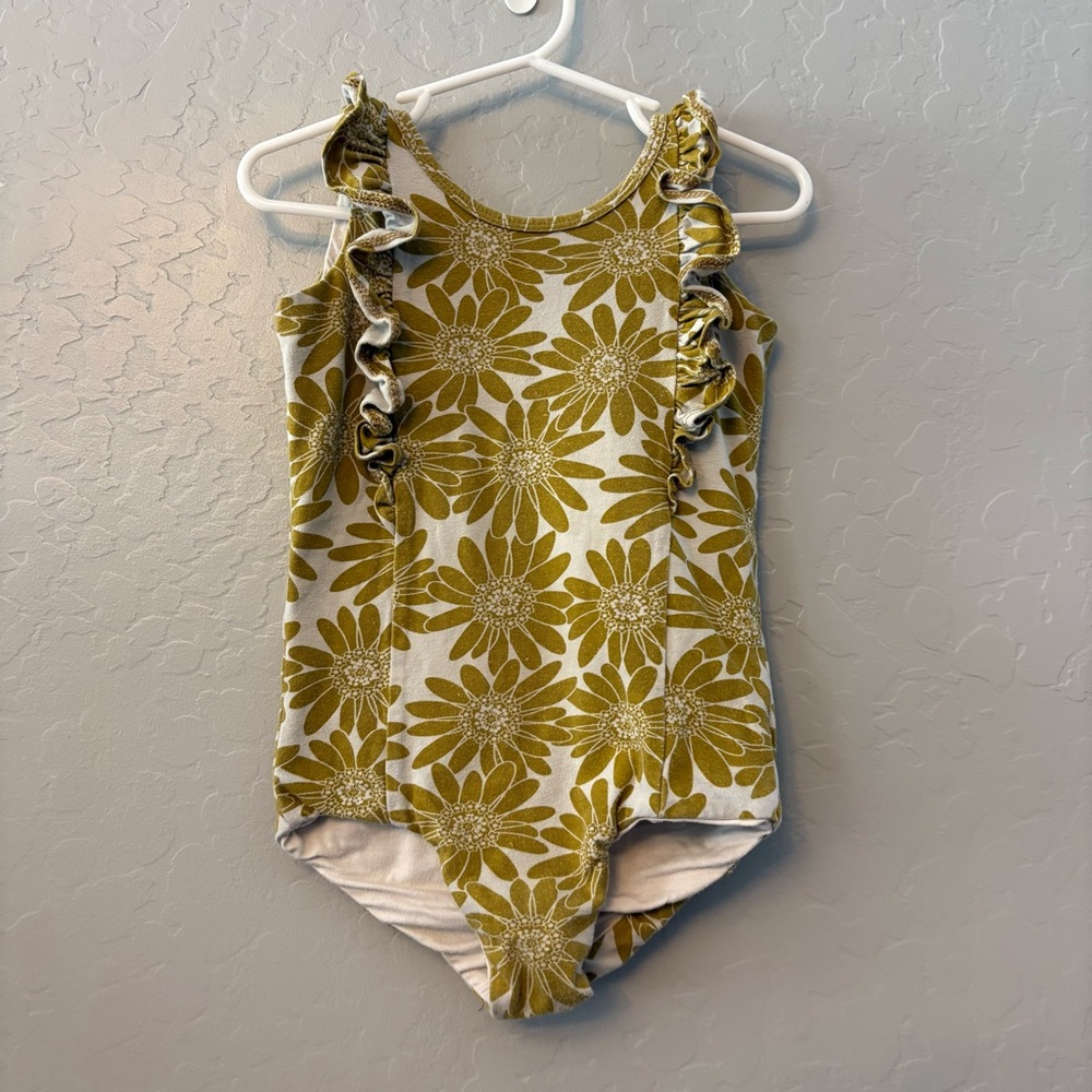Remie Girl yellow and white floral print ruffled sleeveless one piece leotard 6